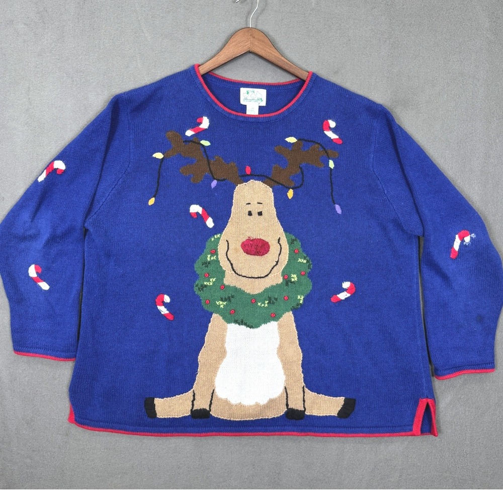 Vintage Quacker Factory Sweater Women 2X Blue Reindeer Ugly Christmas Ramie